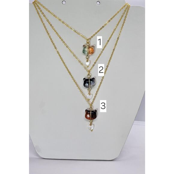Handmade Glass Cat Necklace Pendant Shell Heart Gold-Plated Adjustable Chain - Picture 2 of 8